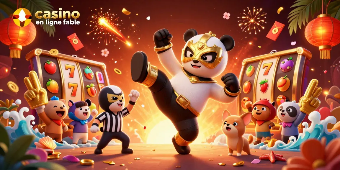 Casino en ligne fiable : illustration d'un panda luchador et un chihuahua arbitre dans une scène animée de jeu.