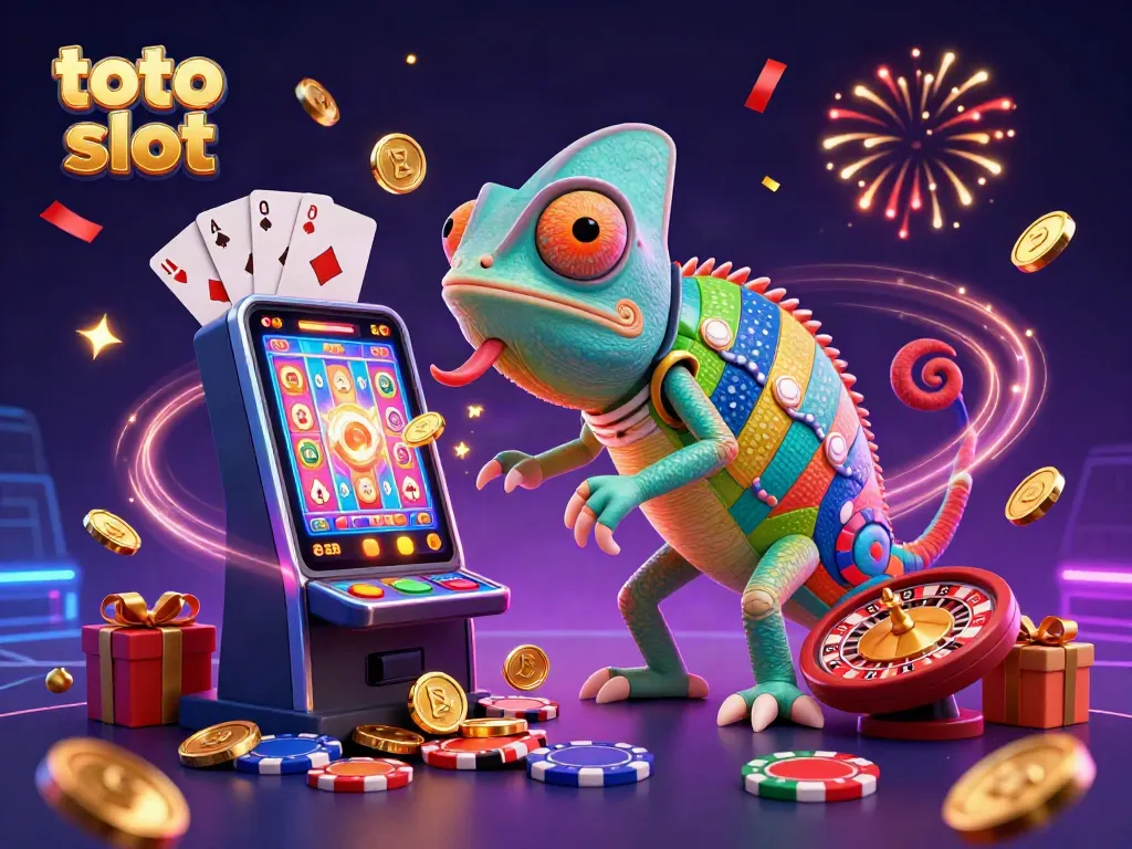 Experience thrilling gameplay with toto slot as a colorful chameleon casino owners surrounded by dynamic game elements.