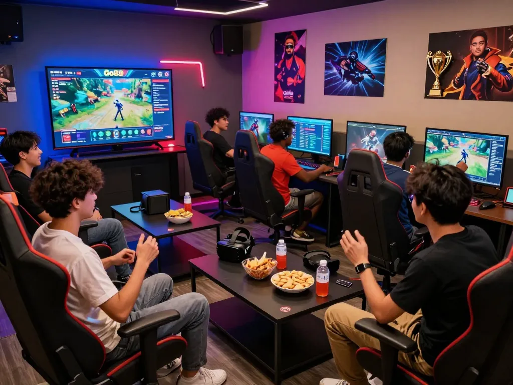 Engaged group of friends enjoying Go88 multiplayer gaming session with vibrant lighting and snacks.