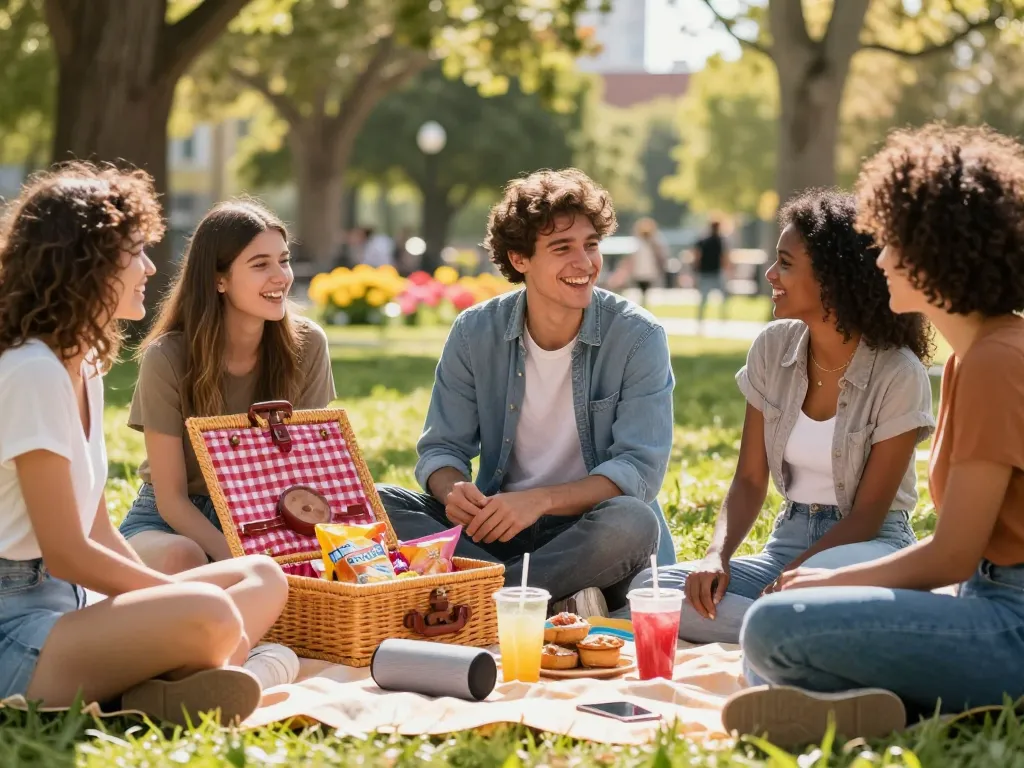 Young adults sharing stories about their crush on someone in a sunny park