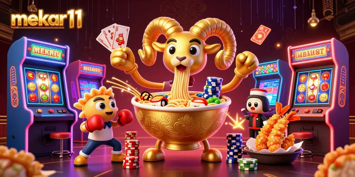 Engage with mekar11's vibrant casino scene showcasing a golden ramen bowl dealer amidst dynamic game elements.