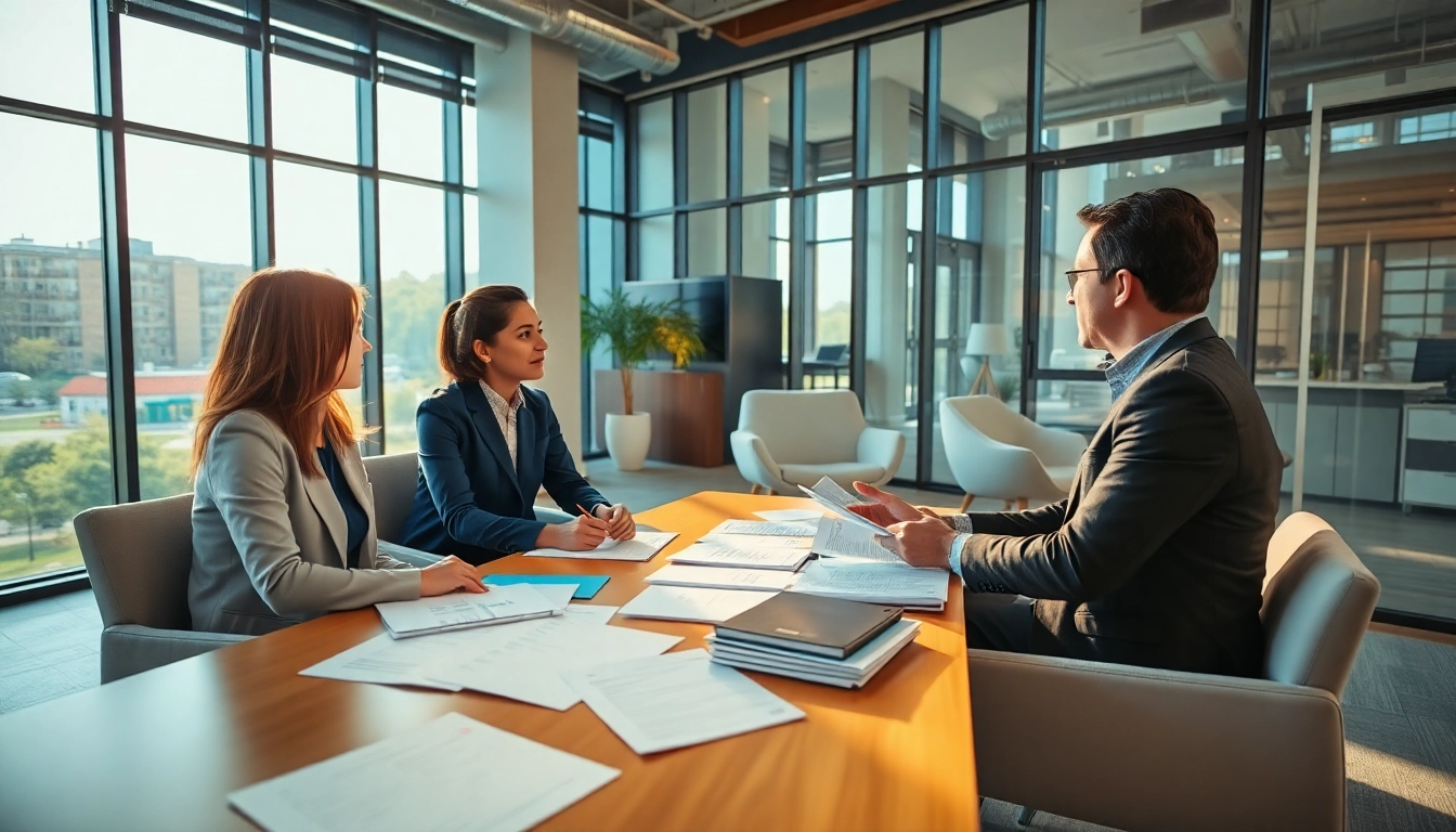 Engaging scene of consultants and clients discussing grants and pre-post award compliance in a modern office.