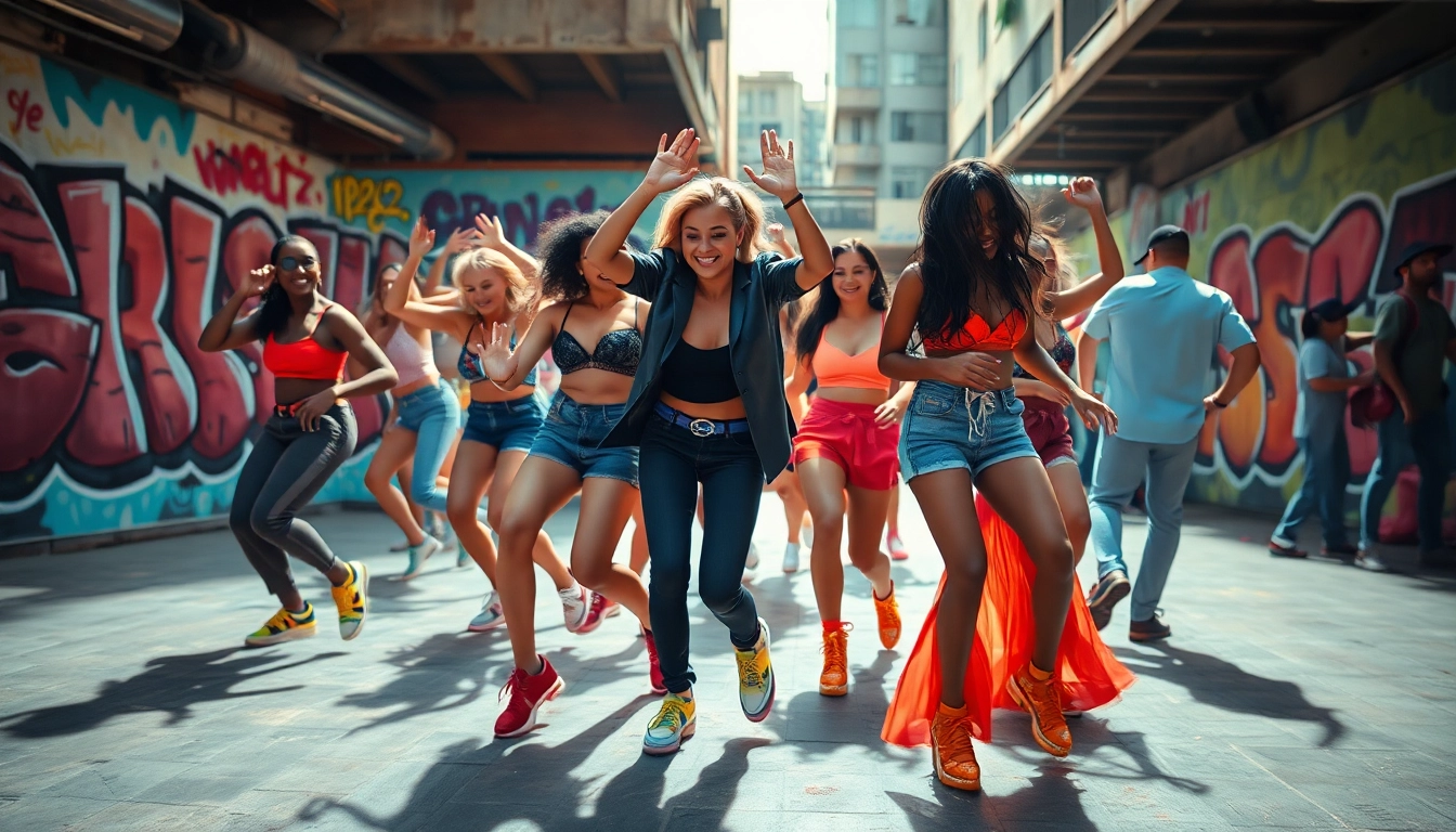 Group of dancers movin and groovin in an urban setting, demonstrating vibrant energy and expression.