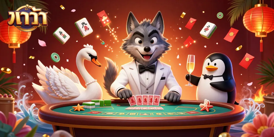 Engage in thrilling baccarat gameplay with a debonair wolf, elegant swan, and sophisticated penguin in a rich casino setting.