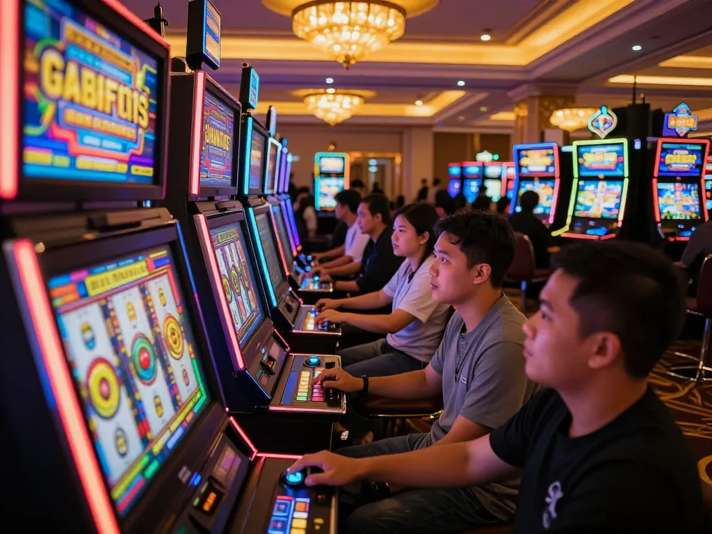 Excited players engaging with slot gacor machines in a vibrant casino atmosphere.