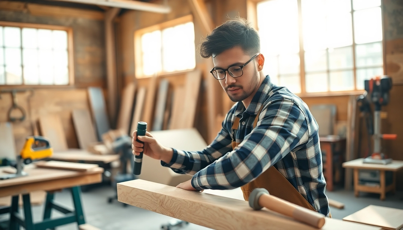 Carpentry apprenticeship in action, showcasing an apprentice skillfully working with tools in a bright workshop.