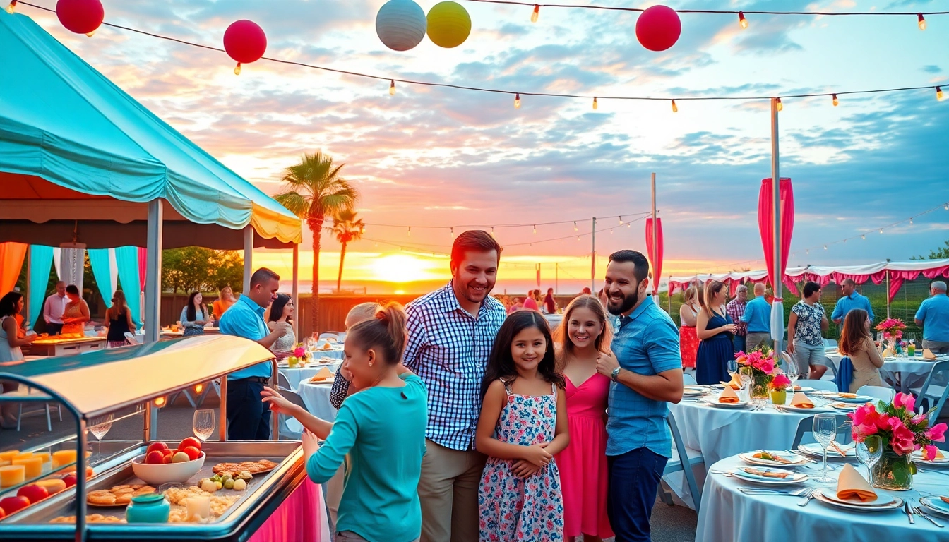Delightful outdoor setup for Party Rentals Near Me featuring elegant decorations and happy guests.