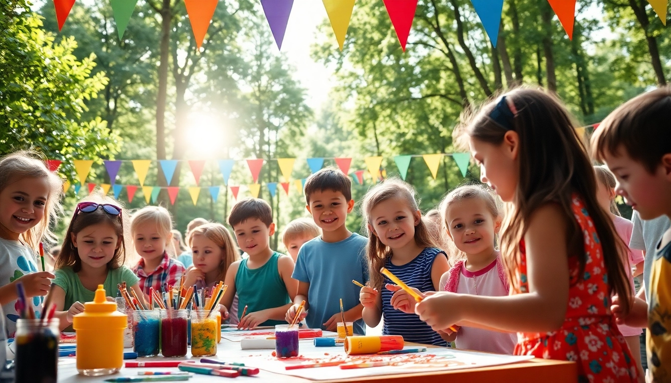 Children enjoying imaginative activities at a summer kids camp surrounded by nature.