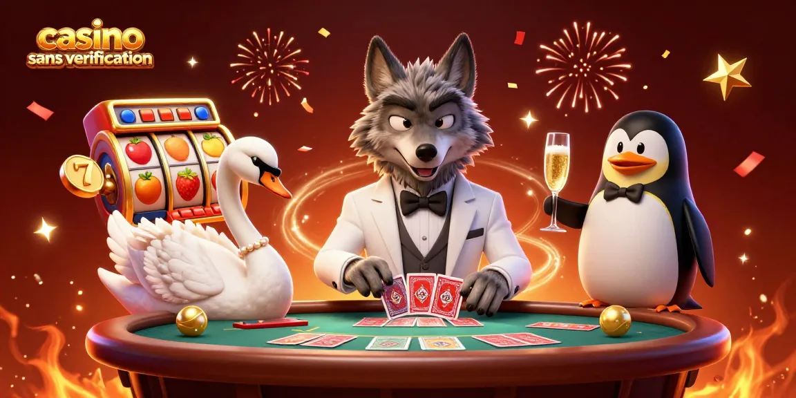 Jouez dans un casino sans vérification avec une illustration captivante incluant un loup, un cygne et un pingouin.