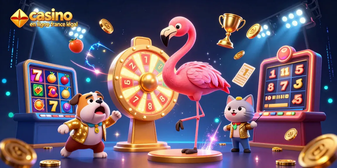 Casino en ligne légal en France : illustration d'un hôte de jeu et d'un bulldog enthousiaste dans un casino animé.