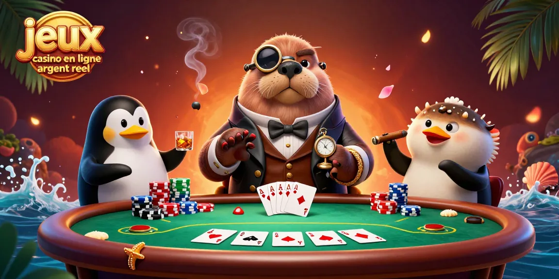 Profitez des jeux de casino en ligne pour de l'argent réel avec des personnages amusants à une table de poker sous-marine.