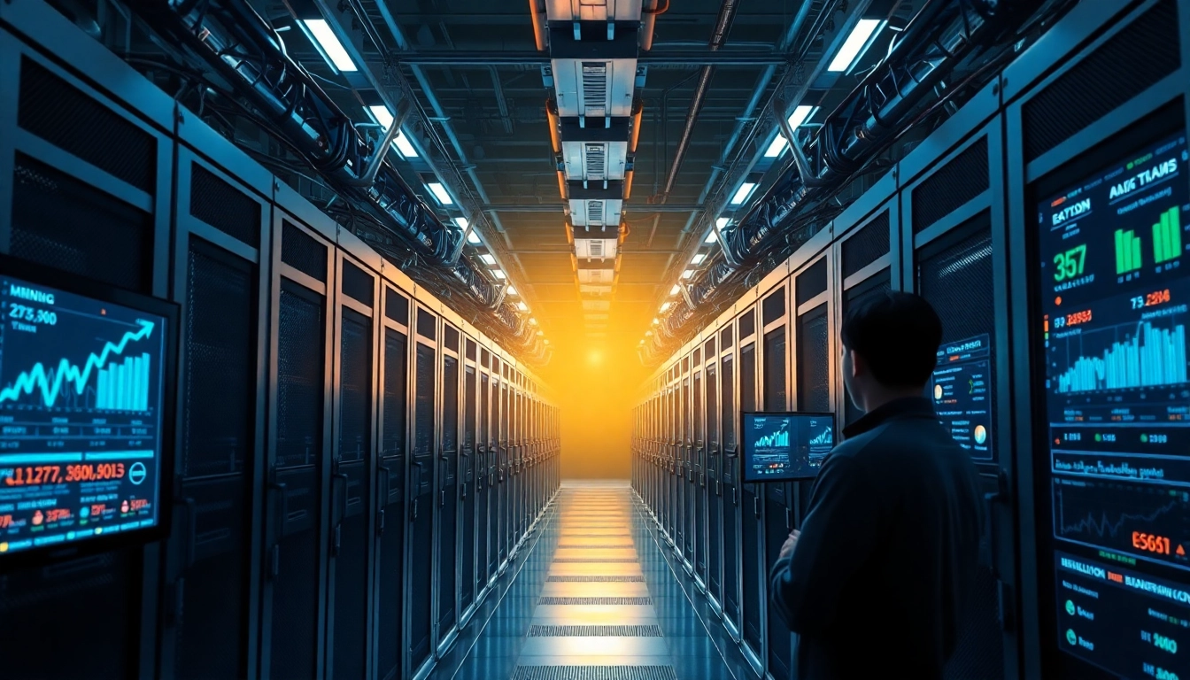 bitcoin mining facility with ASIC miners and digital stats