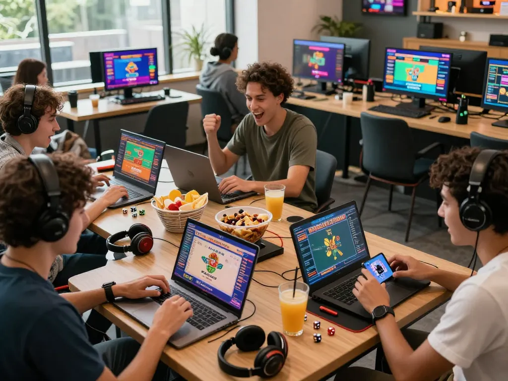 Diverse players excitedly engaging with Togel Online in a vibrant gaming lounge, showcasing a lively community experience.