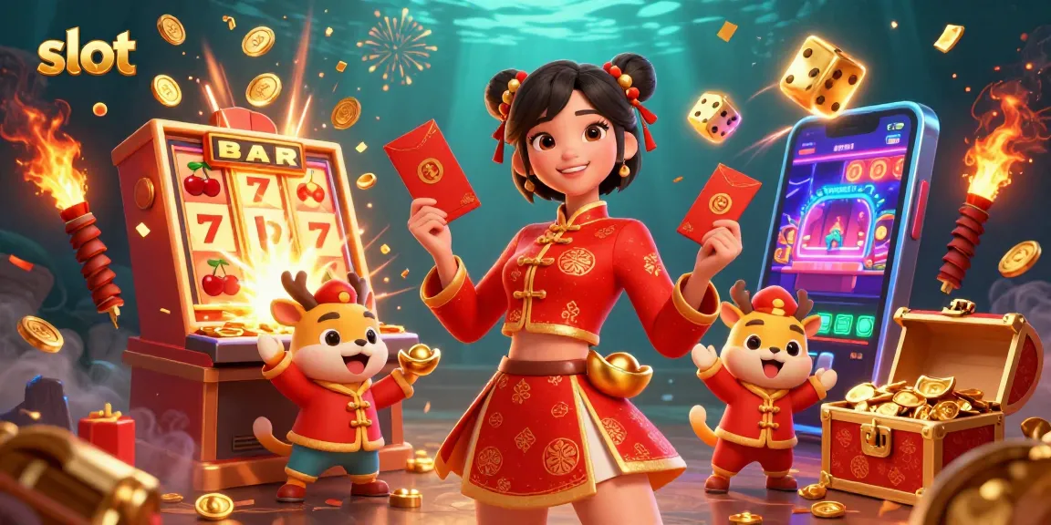 Experience thrilling slot adventures with a vibrant Asian character in a festive illustration filled with jackpots.