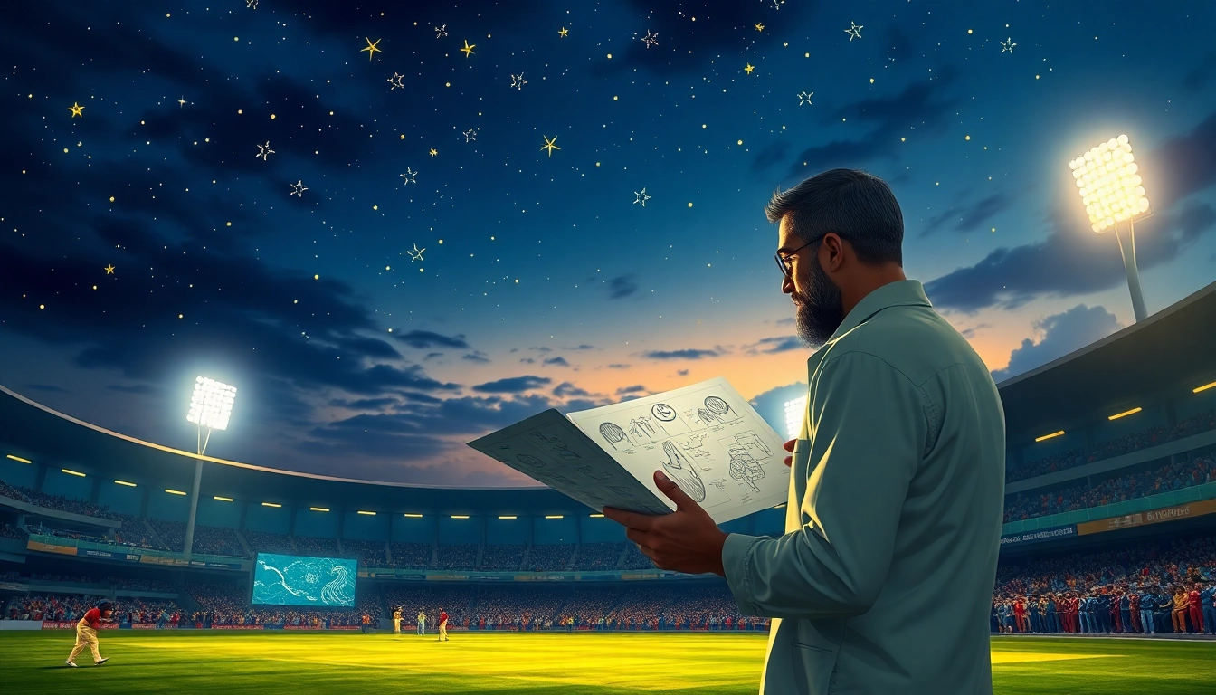 Engaging visual representation of ipl astrology prediction with an astrologer analyzing cricket trends under a starry night.