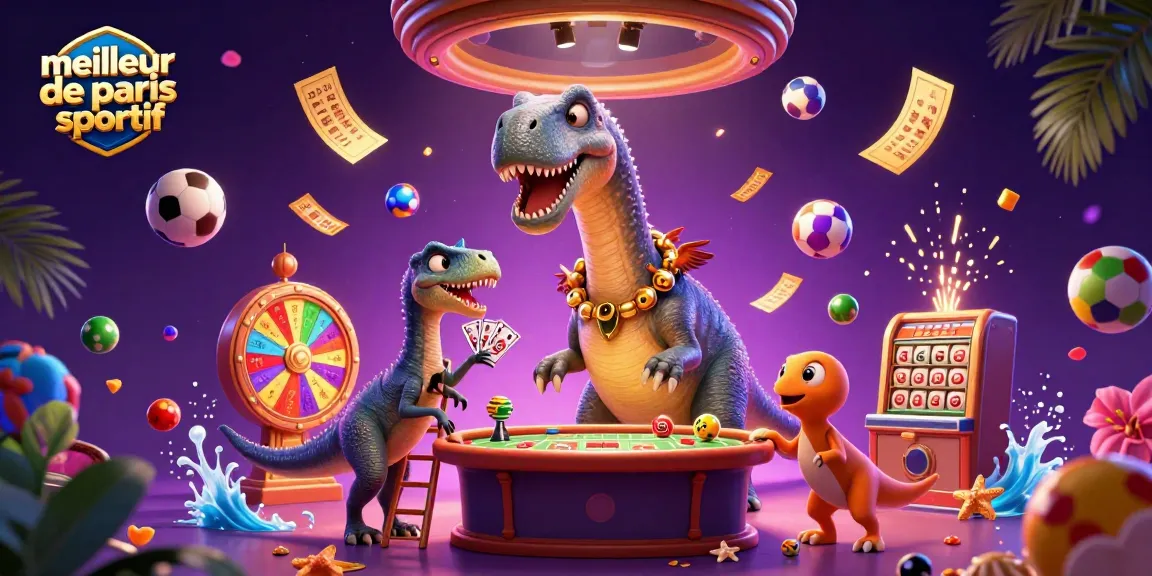 En jouant au meilleur site de paris sportif, un brontosaurus observe les paris sur une table pleine de ballons colorés.