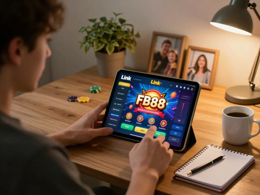 Engaging gameplay using Link FB88 app on tablet in a cozy home environment, showcasing responsible gaming strategies