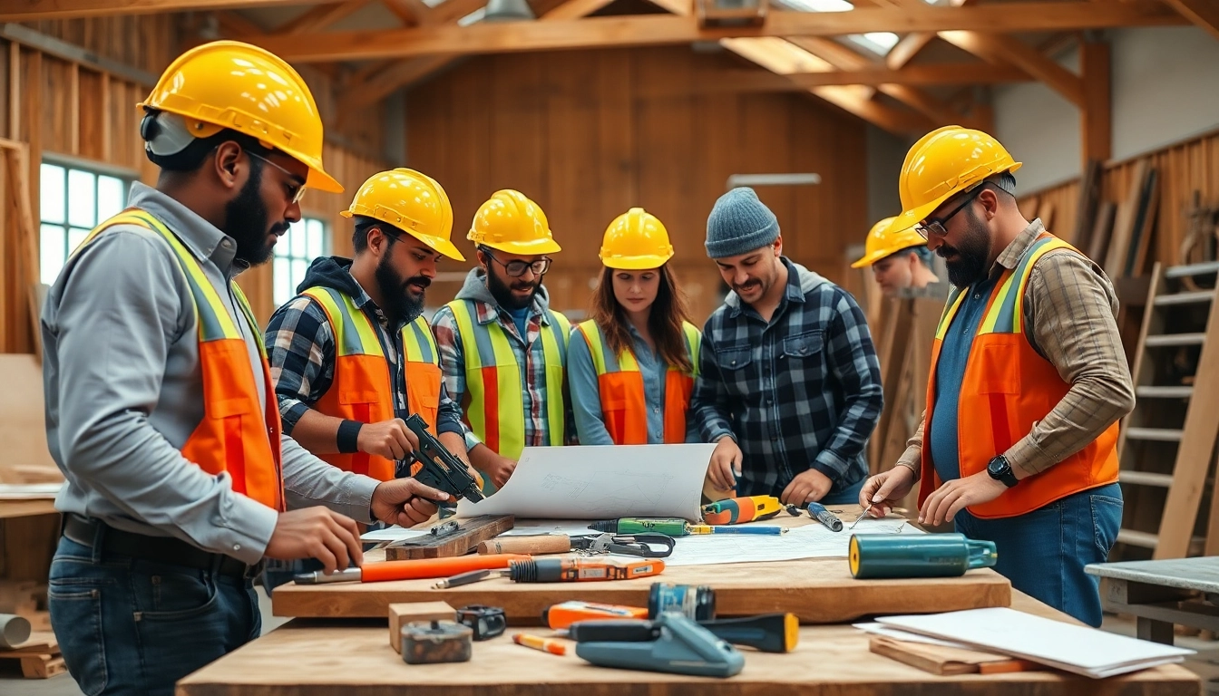 Participants actively engaging in construction craft training with tools in a bright workshop.