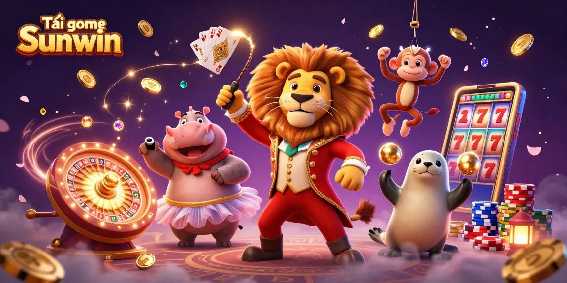 Get ready to download Tải game Sunwin with the lively circus characters amidst sparkling casino elements.