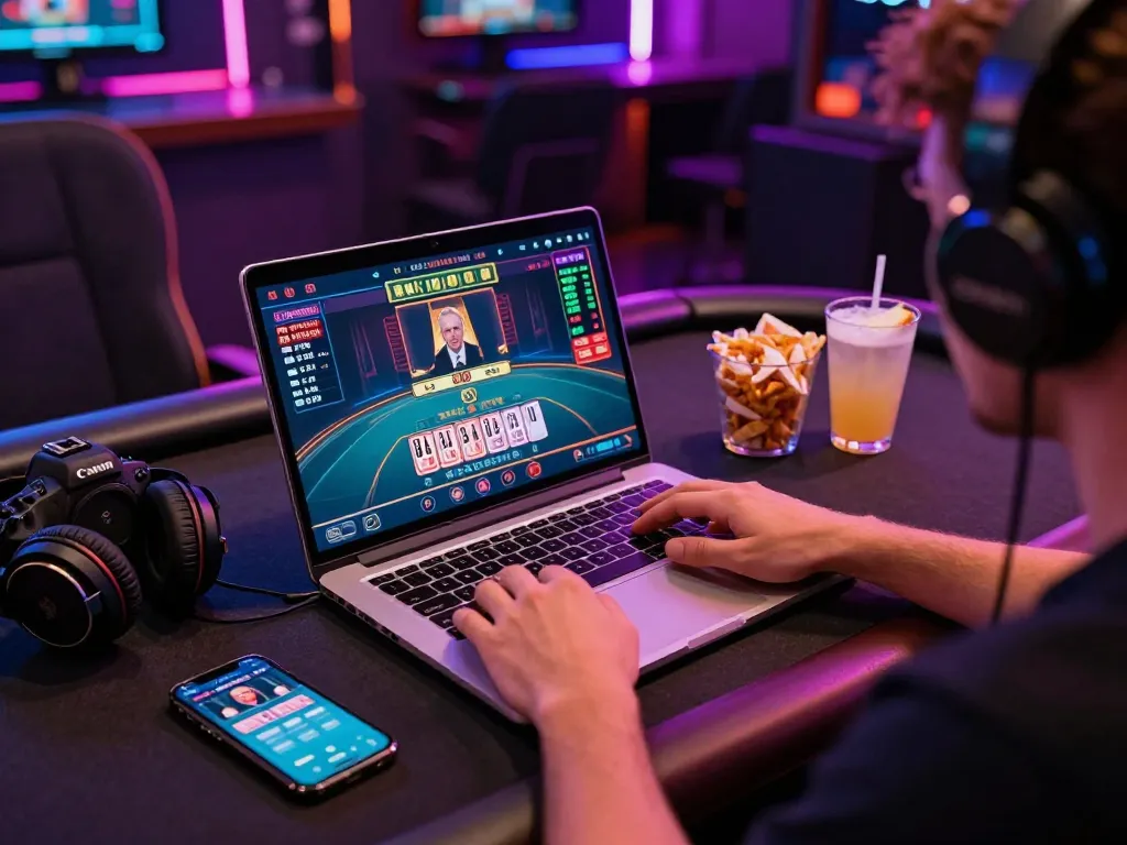Engaged player enjoying a lively baccarat game on a laptop, reflecting the thrill of 바카라사이트.