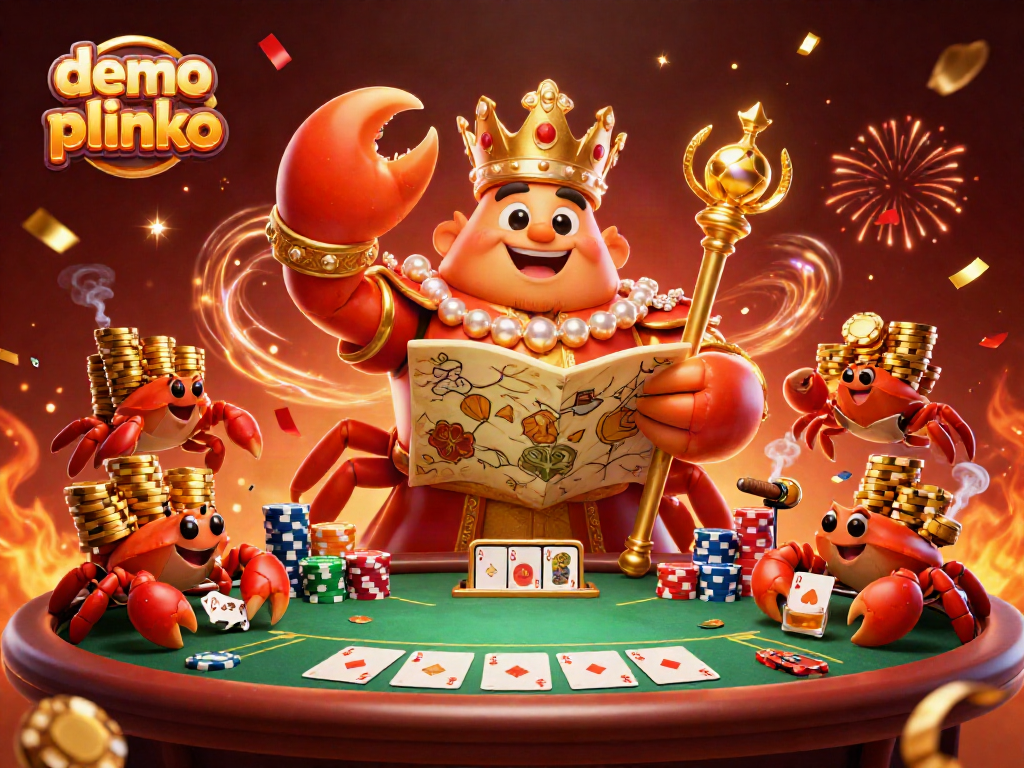 Play demo plinko with a golden crab emperor and poker elements in a vibrant casino scene.