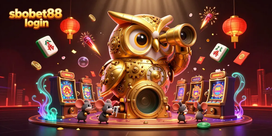 Join the excitement of sbobet88 login with this vibrant, illustrated casino scene showcasing a golden owl and mouse patrons.