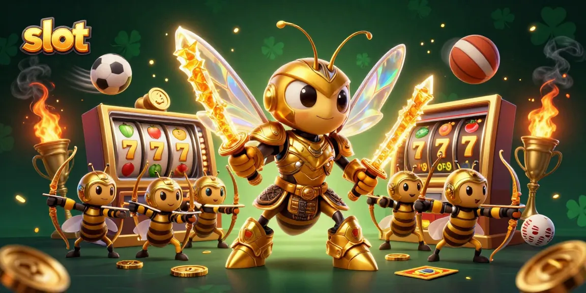 Spin colorful slot reels with a heroic hornet in a vibrant casino-themed illustration.