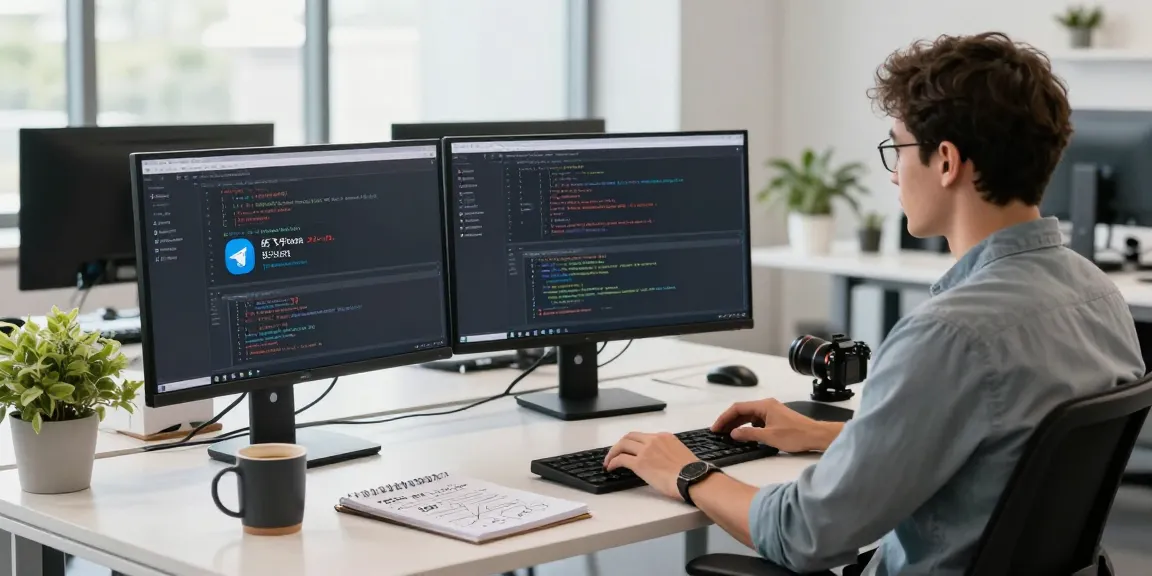 Developer coding 纸飞机中文版 app in a modern workspace with dual monitors, coffee, and natural light.