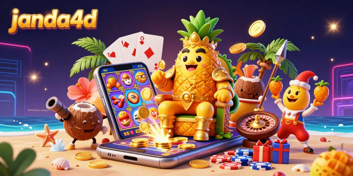 Gambarlah slot game janda4d dengan karakter raja nanas emas di kasino pantai yang ceria.