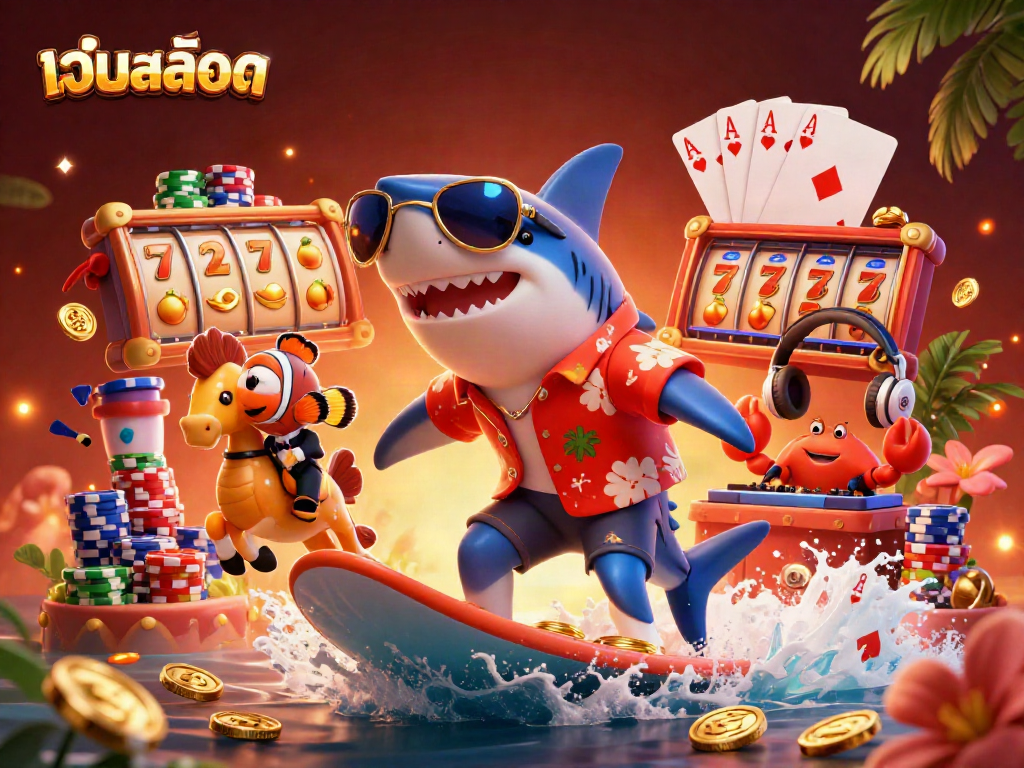 Engage in เว็บสล็อต excitement with a lively 3D scene showcasing a shark riding gold coins amidst slot reels and colorful poker chips.