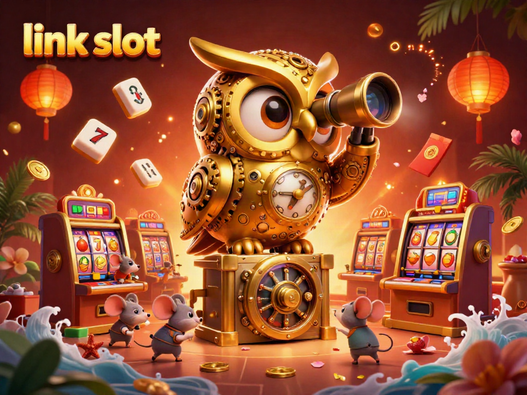 Mengunjungi situs link slot dengan pemandangan mesin slot yang berkilauan dan karakter kartun di dalam ilustrasi kasino digital.