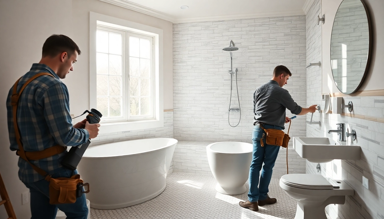 Bathroom installers skillfully transforming a modern bathroom with elegant fixtures and tile work.