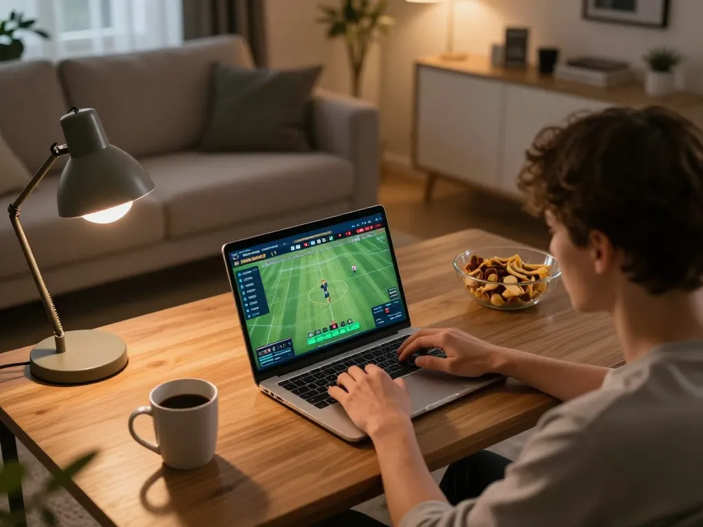 Cakhiatv user immersed in online sports betting action using laptop in a cozy home setting.