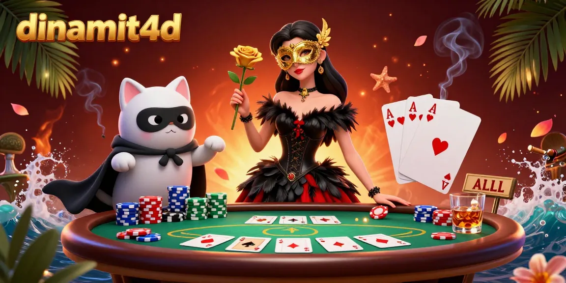 Engage with dinamit4d in this vibrant casino scene featuring poker elements and a captivating illustration.