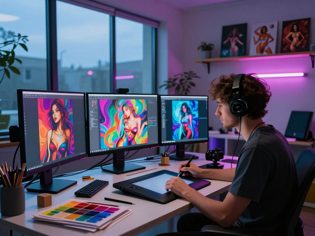 Innovative digital artist creating AI porn artworks in a vibrant studio setting.