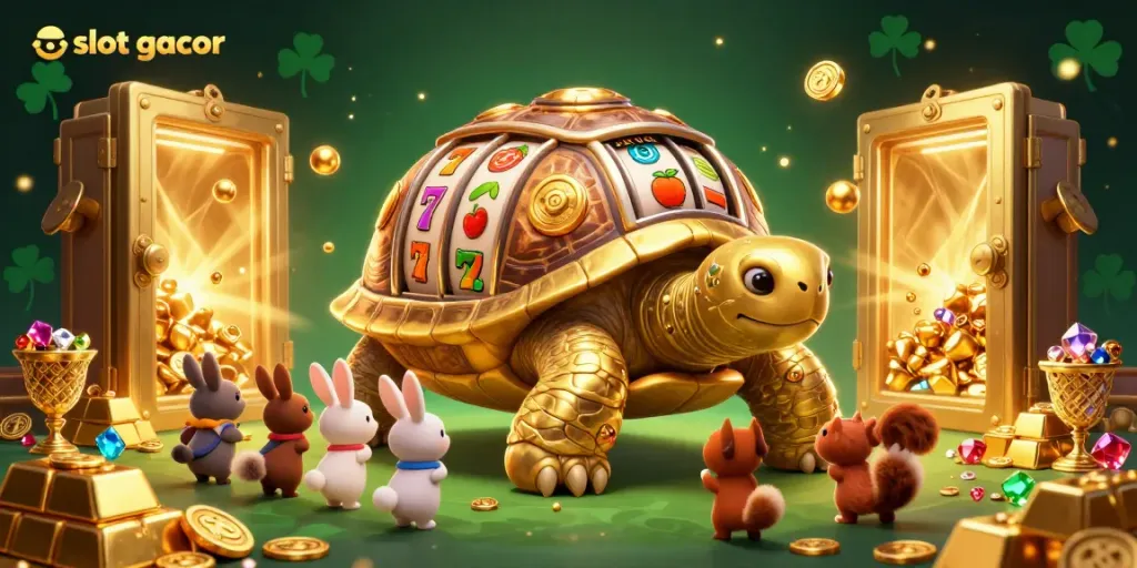 Experience the excitement of slot gacor with a vivid illustration showcasing a joyous scene of play, featuring a golden tortoise slot machine.