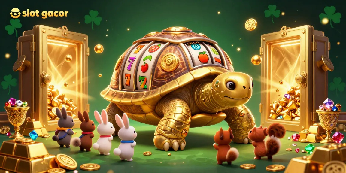 Experience the excitement of slot gacor with a vivid illustration showcasing a joyous scene of play, featuring a golden tortoise slot machine.