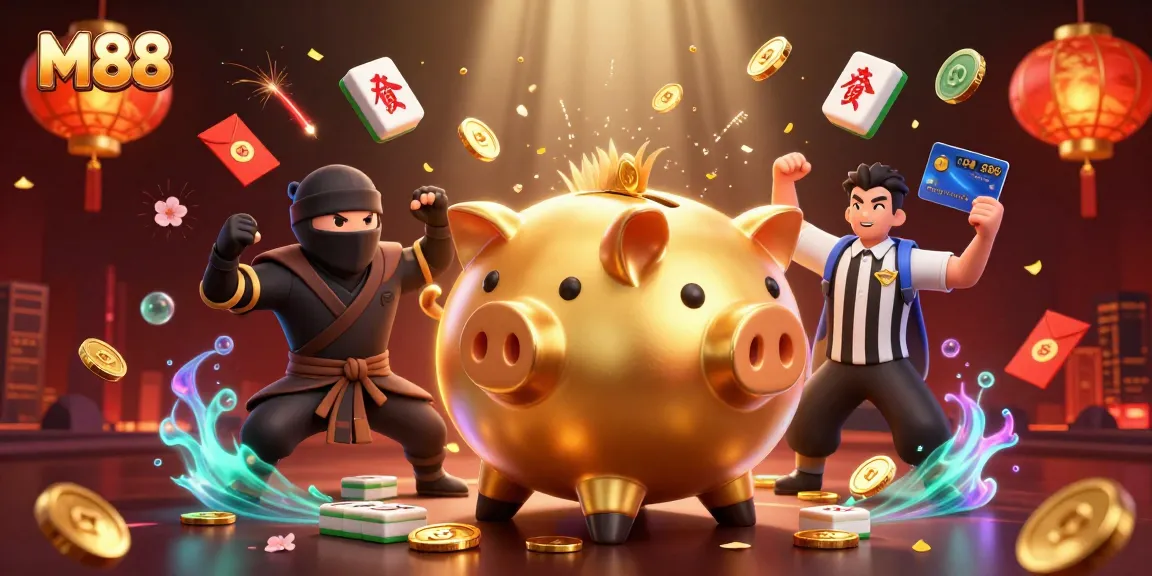 M88 showcases a vibrant scene of a piggy bank sumo wrestler, ninja, and samurai in a thrilling gambling arena.