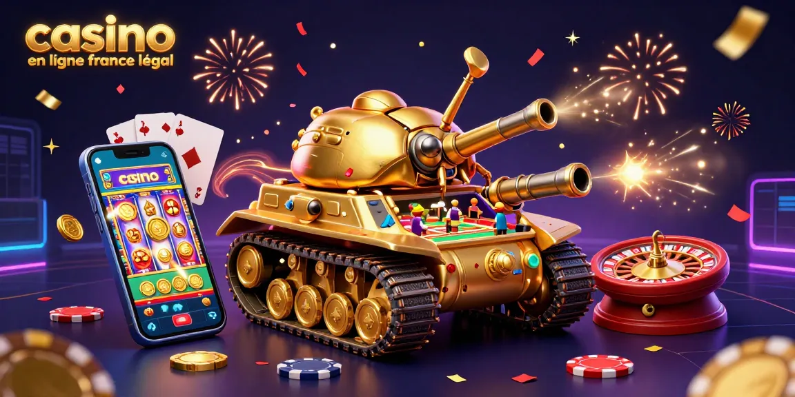 Un tank doré avec un mini casino à l'intérieur et le slogan "casino en ligne France légal"
