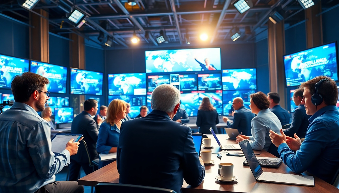 Reporters discussing breaking news in a dynamic newsroom environment.