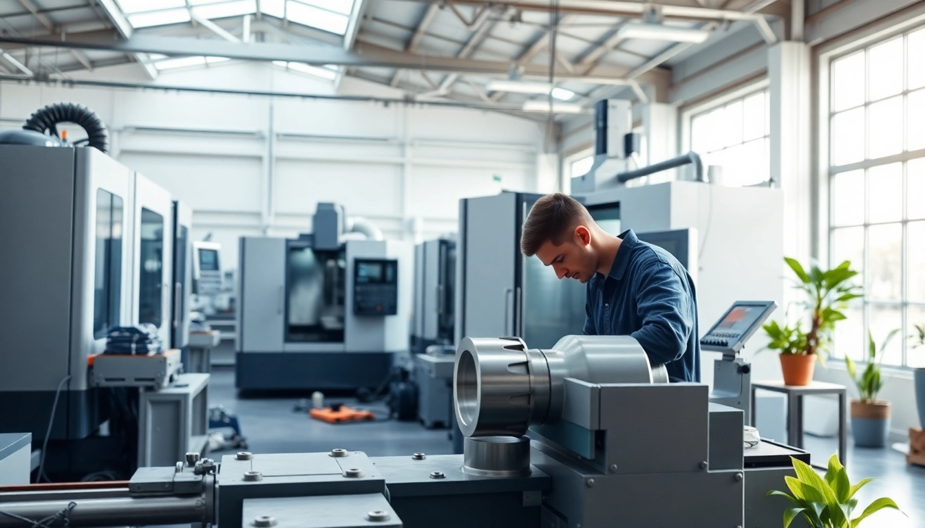 Skilled custom part manufacturer operating CNC machine in a bright workshop.