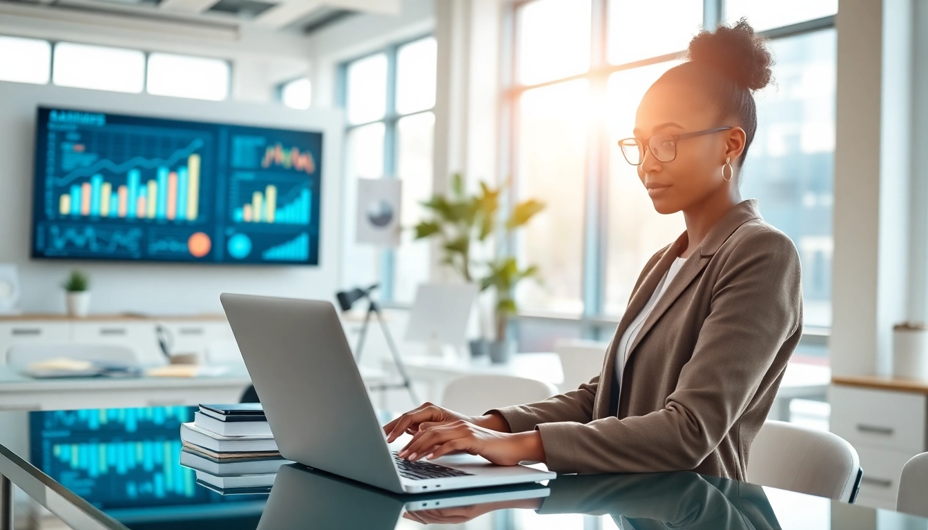 Engaged search consultant reviewing analytics in a professional office environment.
