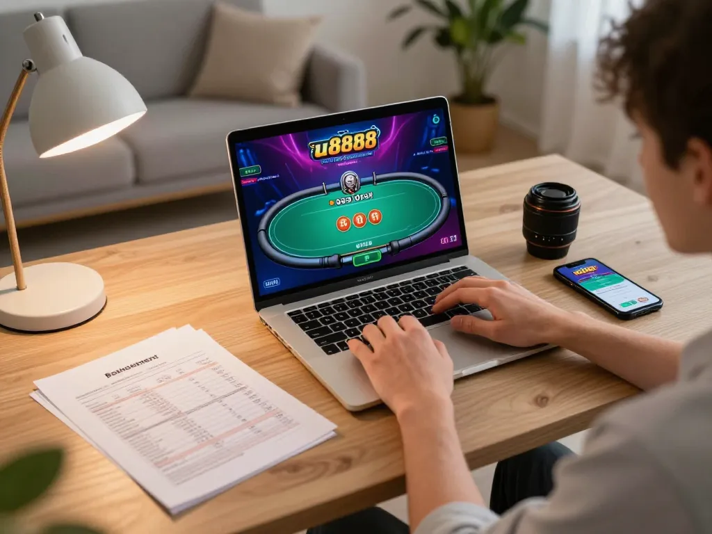 Engaged player enjoying an online poker game at u888poker on a laptop while managing bankroll strategically.