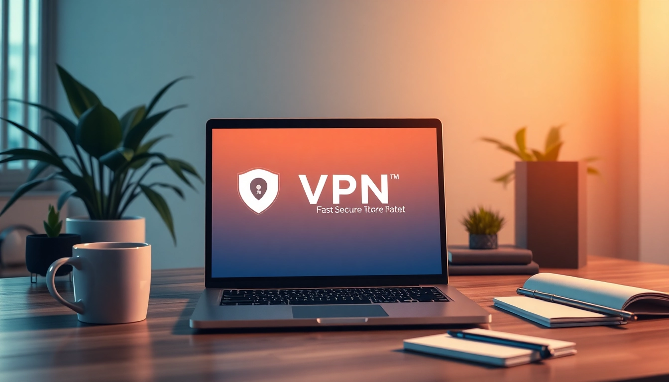 现代工作空间中笔记本电脑上显示的快连 VPN 界面,象征安全且快速的网络访问。