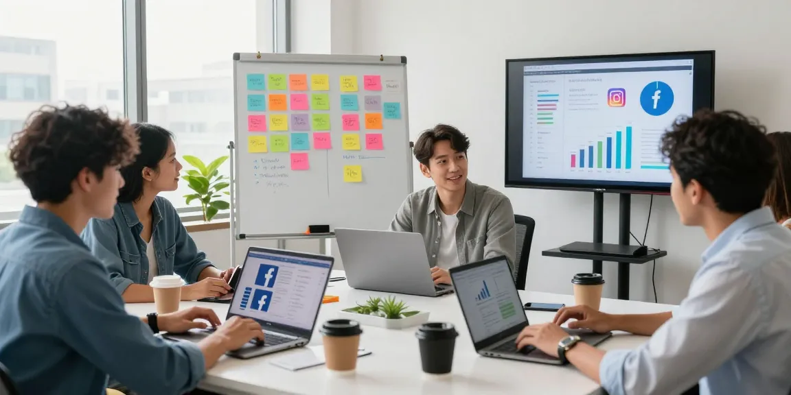 Collaboration at a fb marketing agency in kl with team brainstorming social media strategies.