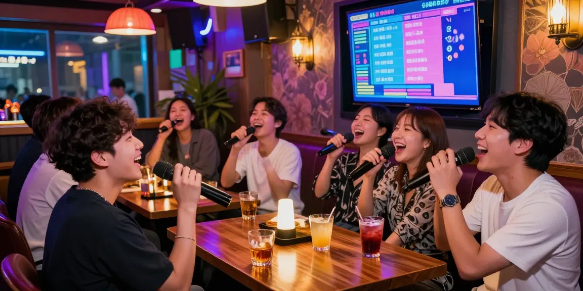 Group of friends singing at 제주도 유흥 karaoke bar, vibrant atmosphere with colorful lights, drinks, and laughter at https://www.magic4karaoke.com/.