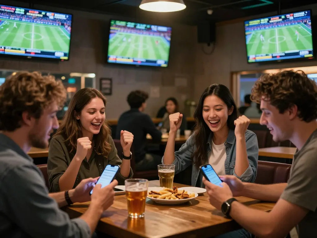 Excited fans engaging in sports betting at uu88 with smartphones and live game screens.