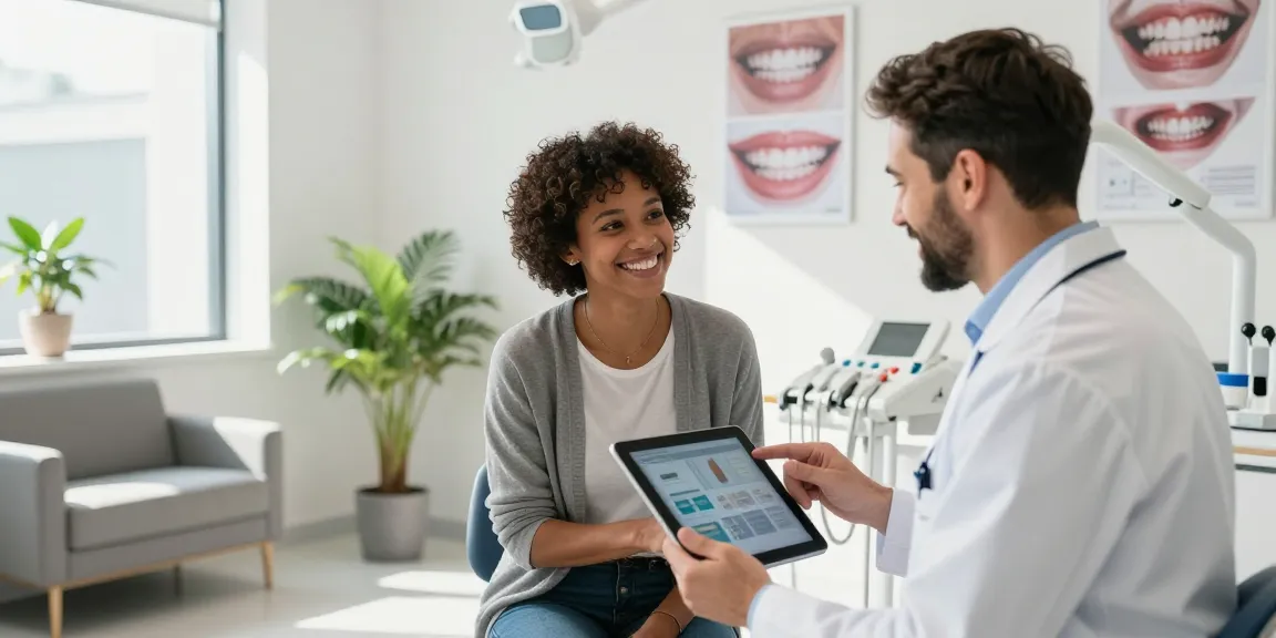 Adult orthodontic consultation showcasing Early orthodontic treatment Hawthorn options with smiling doctor and patient.