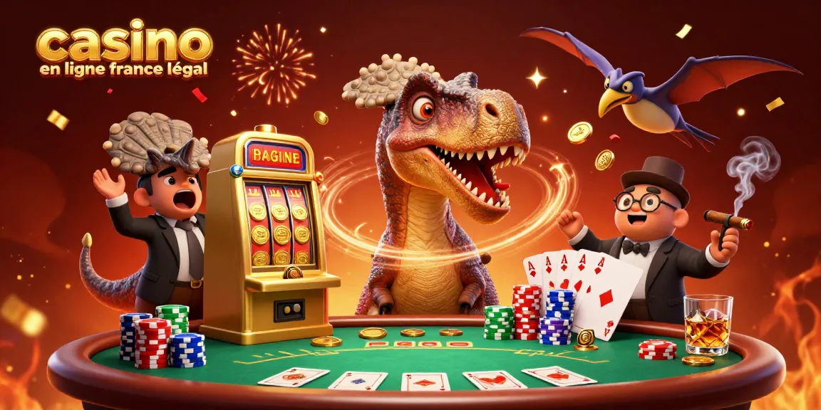 Jackpot de casino en ligne France légal avec un dinosaure et des pièces d'or volant.