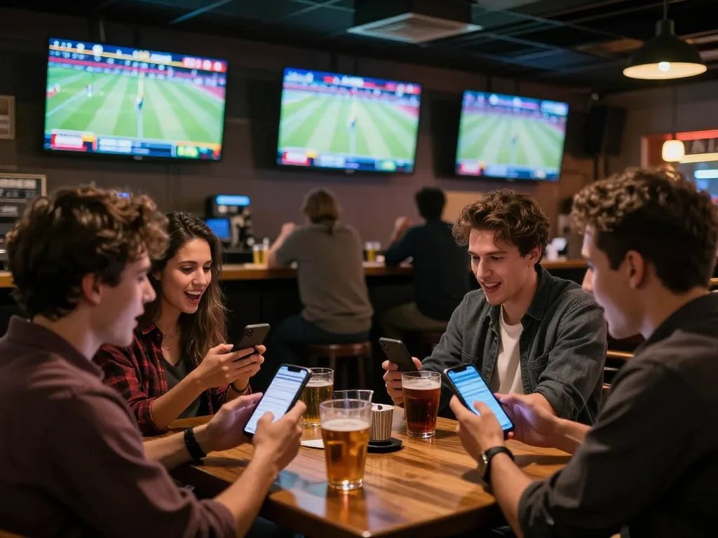 Cheering over intense sports action and analyzing tin soi kèo on smartphone with friends.
